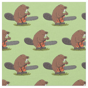 Funny beaver with chainsaw cartoon humour fabric
