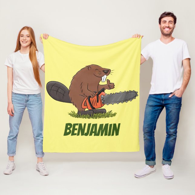 Funny beaver with chainsaw cartoon humour fleece blanket (In Situ)