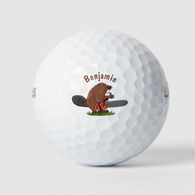 Funny beaver with chainsaw cartoon humour golf balls (Front)