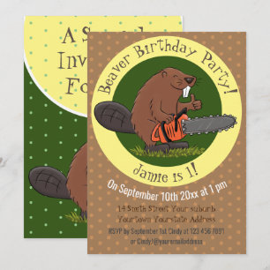 Funny beaver with chainsaw cartoon humour invitation