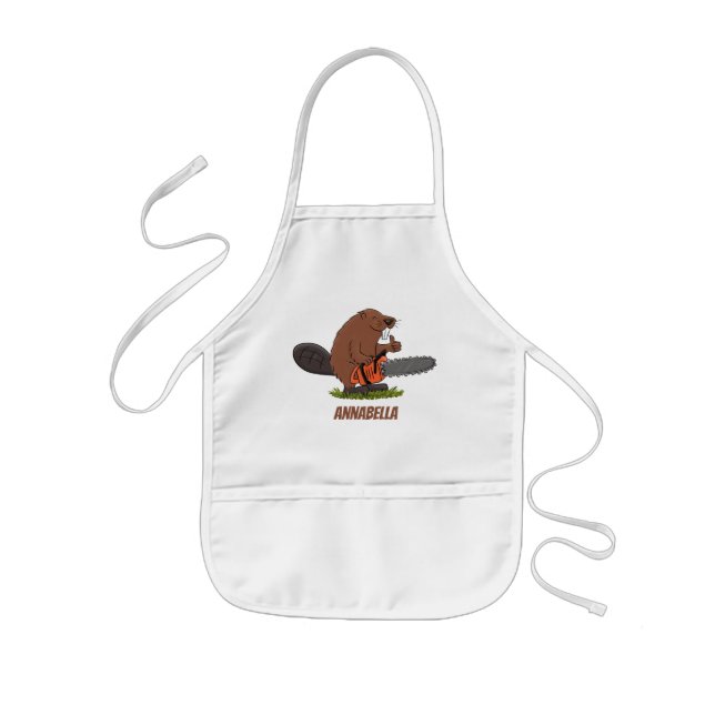 Funny beaver with chainsaw cartoon humour kids apron (Front)