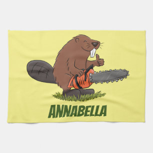 Funny beaver with chainsaw cartoon humour kitchen towel