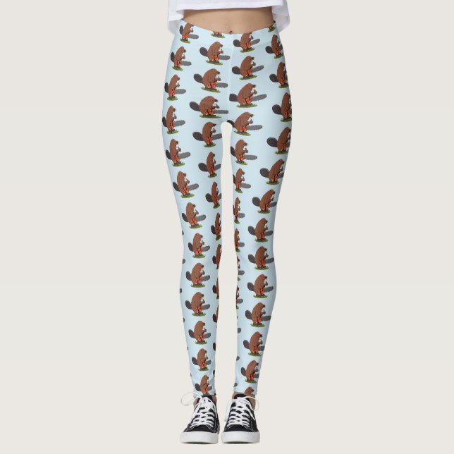 Funny beaver with chainsaw cartoon humour leggings (Front)