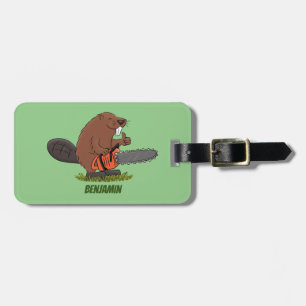 Funny beaver with chainsaw cartoon humour luggage tag
