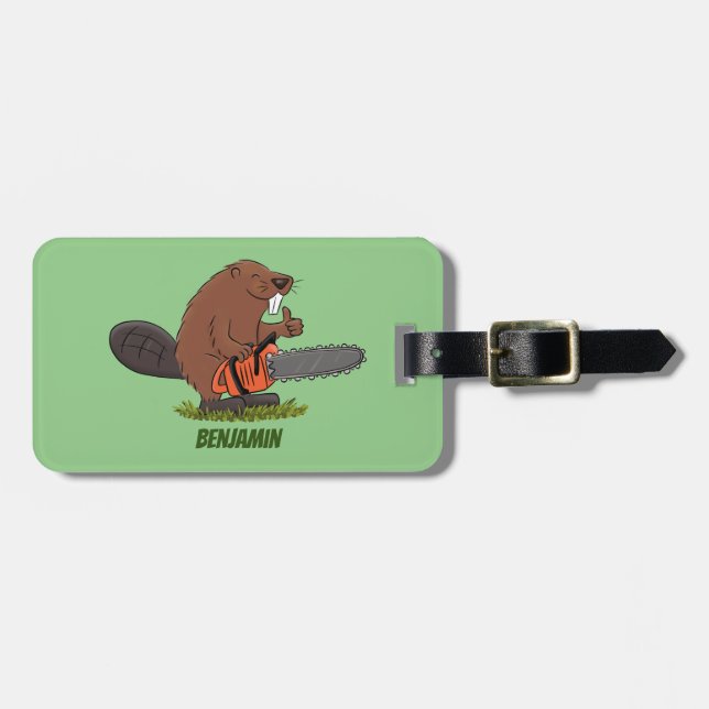 Funny beaver with chainsaw cartoon humour luggage tag (Front Horizontal)
