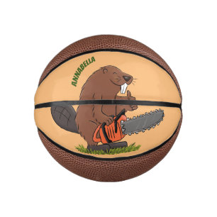 Funny beaver with chainsaw cartoon humour mini basketball