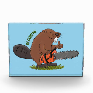 Funny beaver with chainsaw cartoon humour photo block