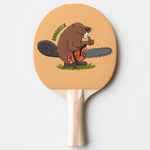 Funny beaver with chainsaw cartoon humour ping pong paddle