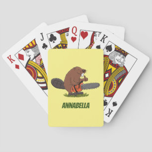Funny beaver with chainsaw cartoon humour playing cards