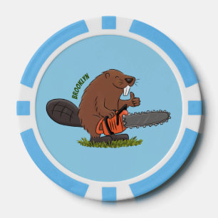 Funny beaver with chainsaw cartoon humour poker chips
