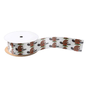 Funny beaver with chainsaw cartoon humour satin ribbon