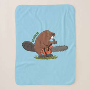 Funny beaver with chainsaw cartoon humour  sherpa blanket