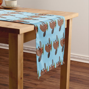 Funny beaver with chainsaw cartoon humour  short table runner