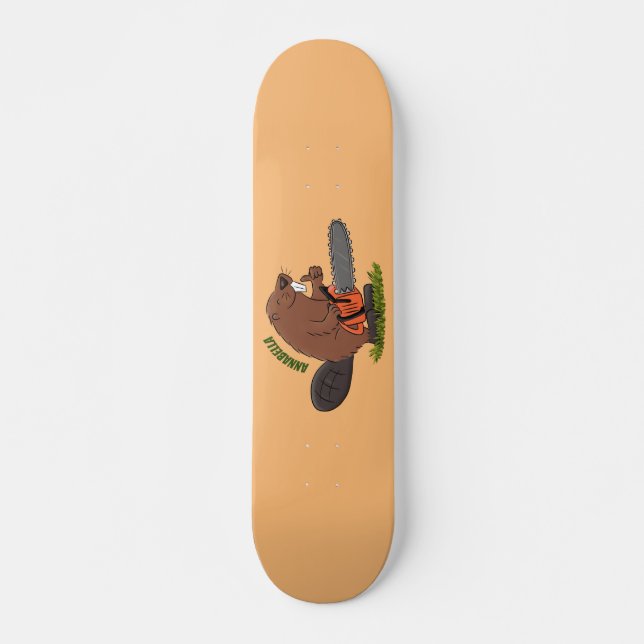 Funny beaver with chainsaw cartoon humour skateboard (Front)