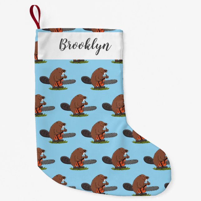 Funny beaver with chainsaw cartoon humour small christmas stocking (Front)