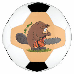 Funny beaver with chainsaw cartoon humour soccer ball