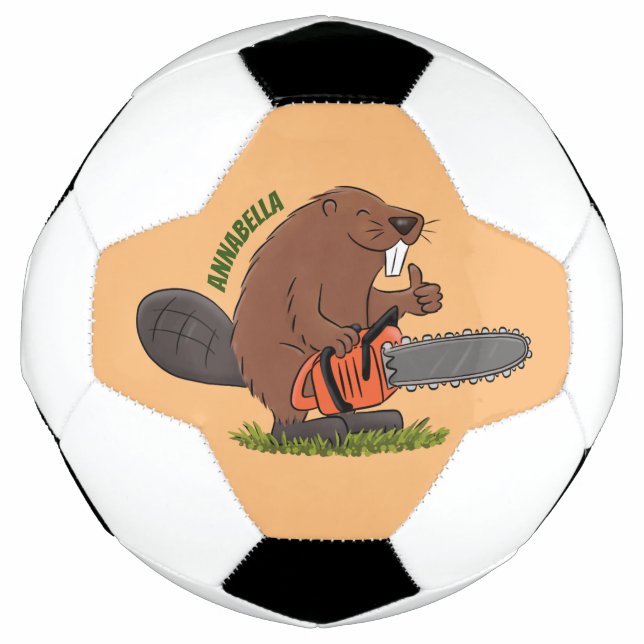 Funny beaver with chainsaw cartoon humour soccer ball (Front)