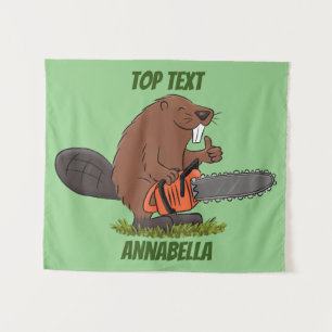 Funny beaver with chainsaw cartoon humour  tapestry