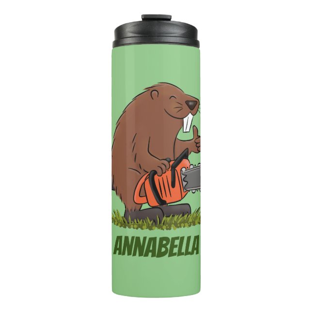 Funny beaver with chainsaw cartoon humour thermal tumbler (Front)