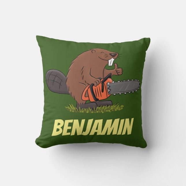 Funny beaver with chainsaw cartoon humour throw pillow (Front)