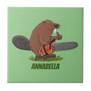 Funny beaver with chainsaw cartoon humour tile