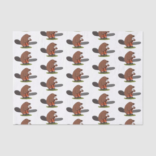 Funny beaver with chainsaw cartoon humour tissue paper (Front)