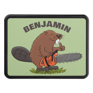 Funny beaver with chainsaw cartoon humour trailer hitch cover