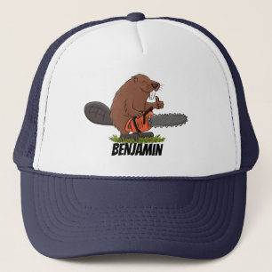 Funny beaver with chainsaw cartoon humour trucker hat