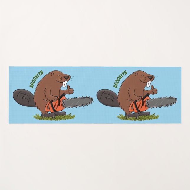 Funny beaver with chainsaw cartoon humour yoga mat (Front (Horizontal))
