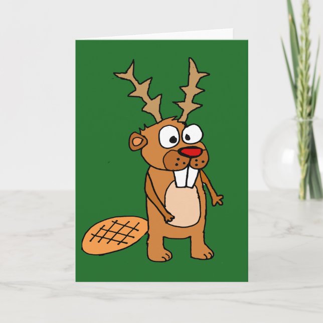 Funny Beaver with Reindeer Antlers Christmas Art Holiday Card (Front)