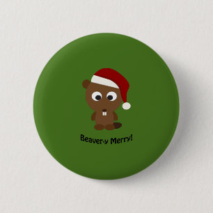 Funny Beaver-y Merry! Santa Beaver 2 Inch Round Button