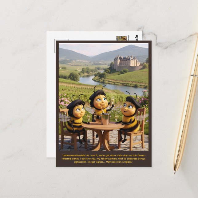 Funny Bee Birthday Postcard (Front/Back In Situ)