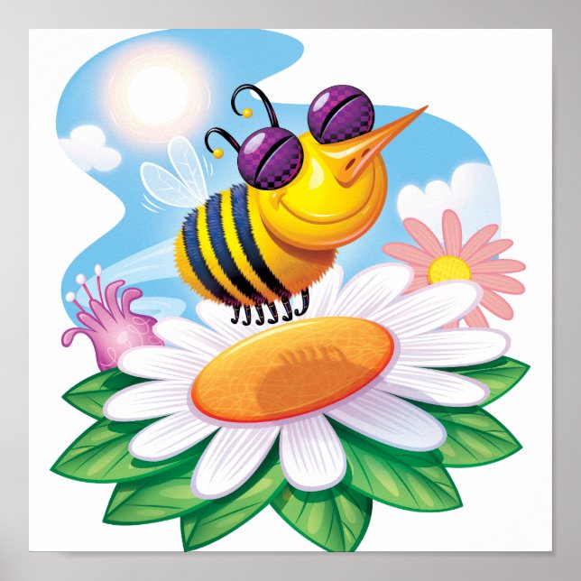 FUnny Bee Cartoon on Daisy Poster (Front)
