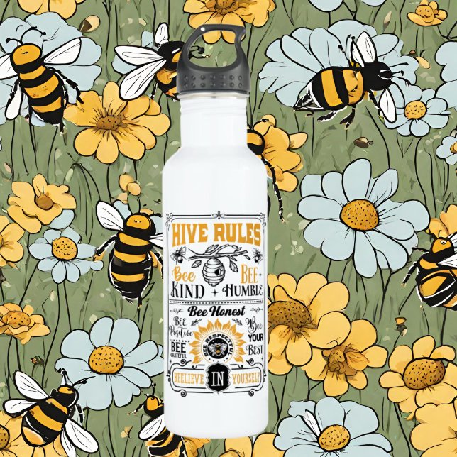 funny bee hive rules word art 710 ml water bottle (Creator Uploaded)