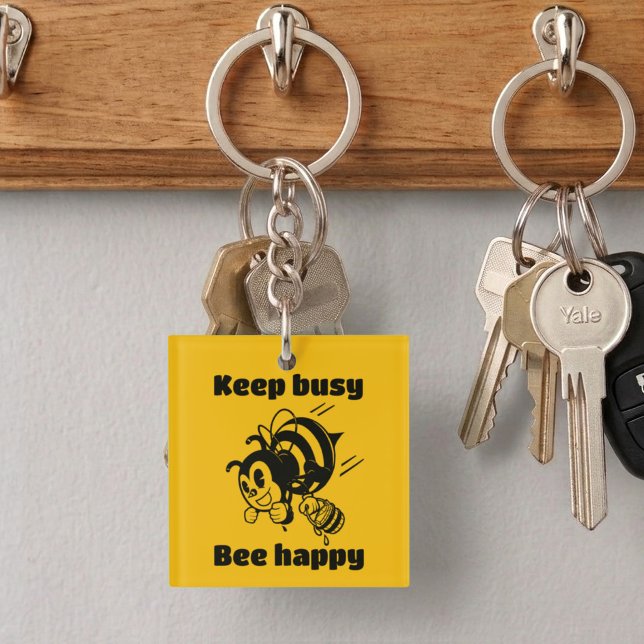 Funny Bee Keep Busy Bee Happy Motivational Cartoon Keychain (Creator Uploaded)