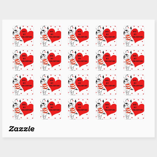 Funny Bee My Valentine Design Square Sticker (Sheet)