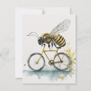 Funny bee riding a bicycle watercolor drawing, bee card