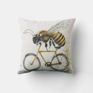 Funny bee riding a bicycle watercolor drawing, bee throw pillow