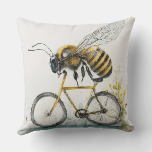 Funny bee riding a bicycle watercolor drawing, bee throw pillow