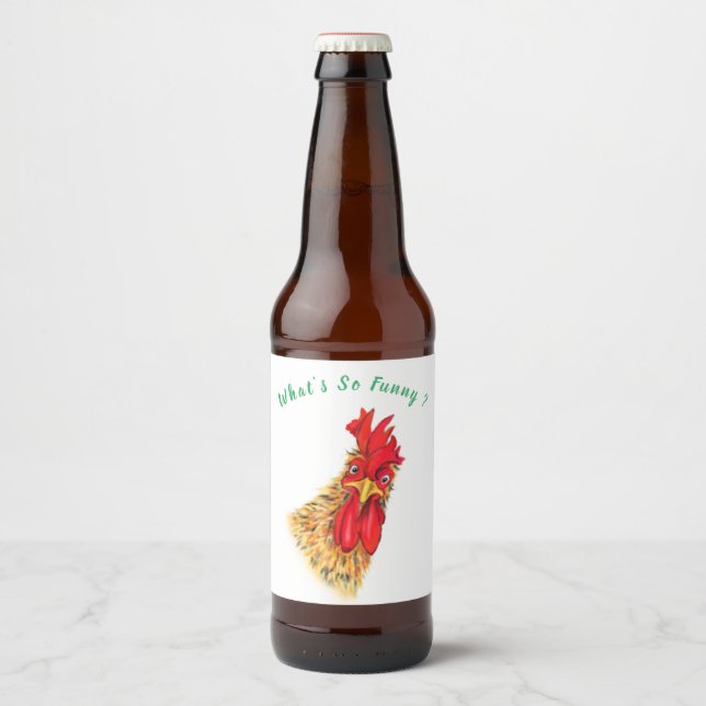 Funny Beer Bottle Label with Surprised Rooster (Front)