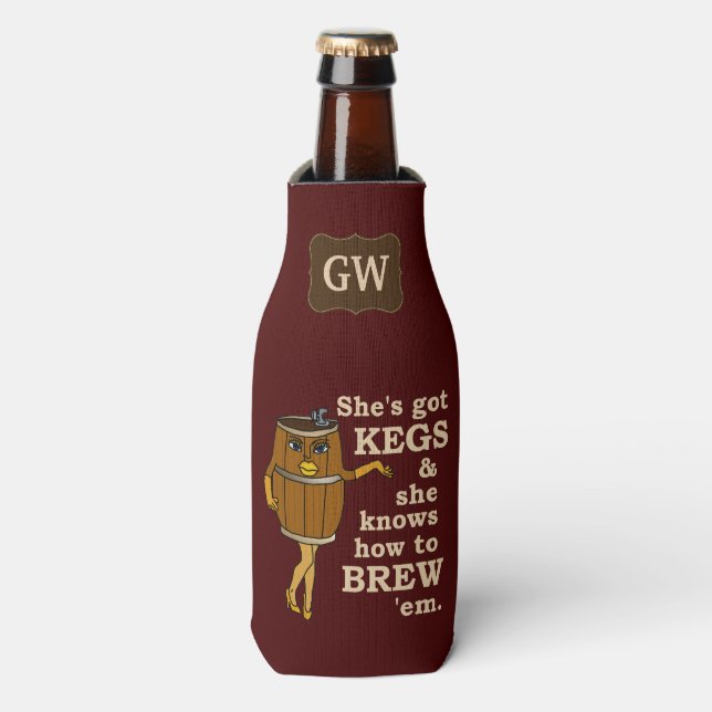 Funny Beer Brewer Keg Woman with Monogram 2 Bottle Cooler (Bottle Front)