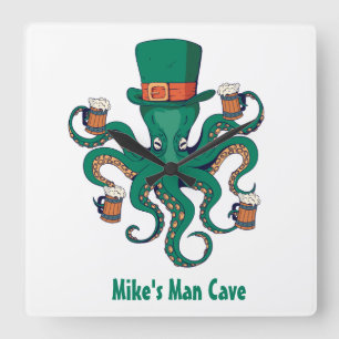 Funny Beer Octopus  Your First Name Man Cave Square Wall Clock