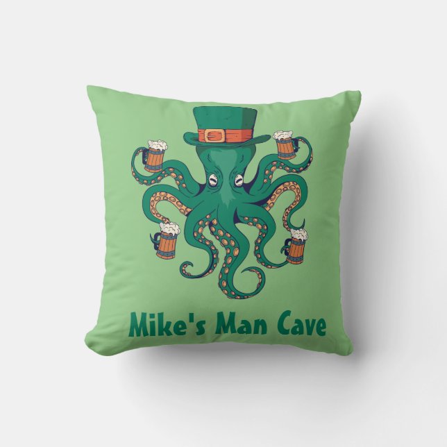 Funny Beer Octopus Your First Name Man Cave Throw Pillow (Front)
