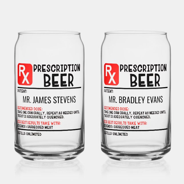 Funny Beer Prescription Personalized Name Beer Can Glass (Front)