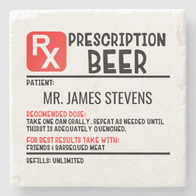 Funny Beer Prescription Script Personalized Name Stone Coaster (Front)