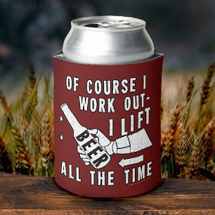 Funny Beer Work Out Humour on Red Can Cooler
