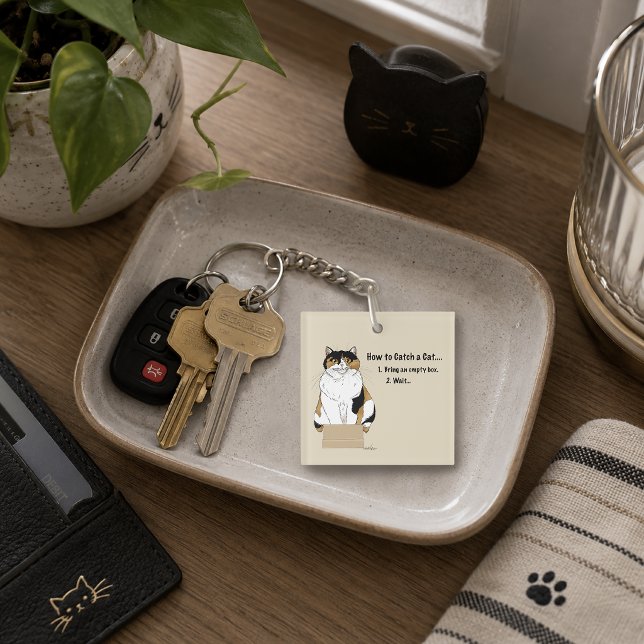 Funny Beige Calico Cat Box Humour Caught Keychain (Creator Uploaded)