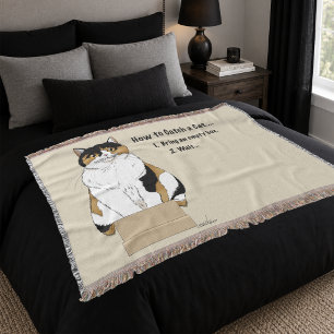 Funny Beige Calico Cat Box Humour Caught Throw Blanket