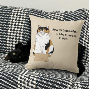 Funny Beige Calico Cat Box Humour Caught Throw Pillow