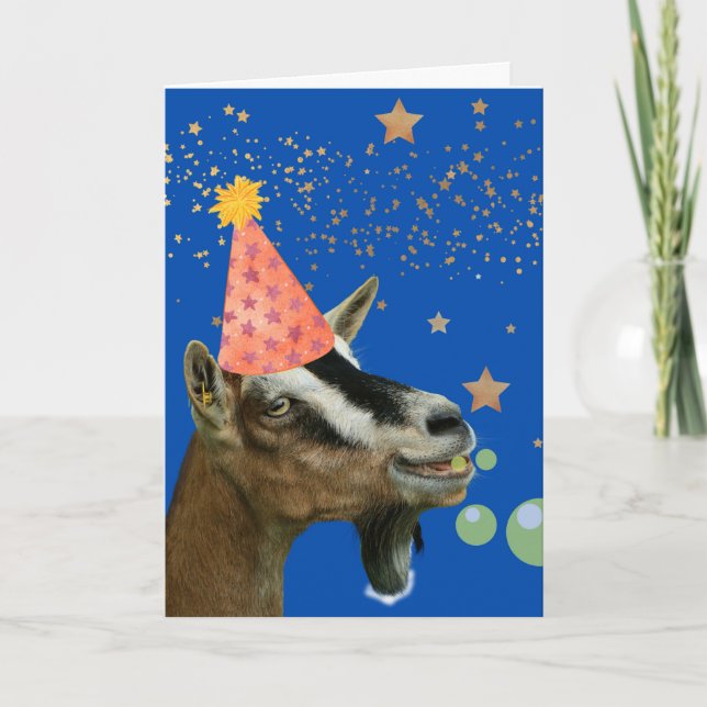 Funny Belated Birthday with Party Goat Card (Front)